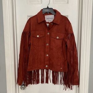 New Small Juicy Couture Women faux suede fringe trucker jacket rust brown color